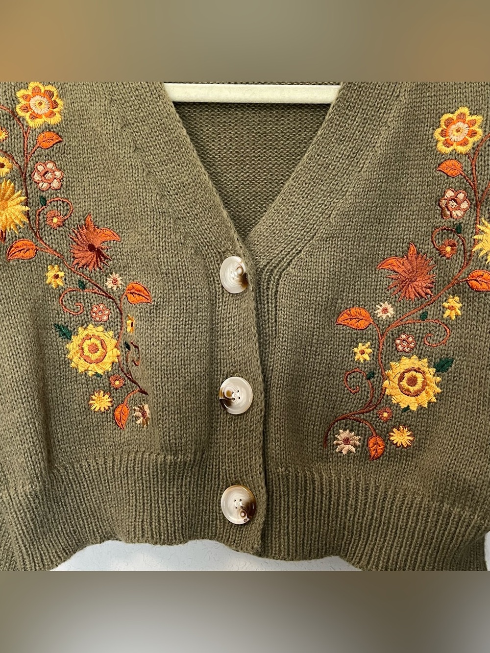 Green Cropped Floral Embroidered Cardigan womens small balloon sleeves grandma - Picture 4 of 9